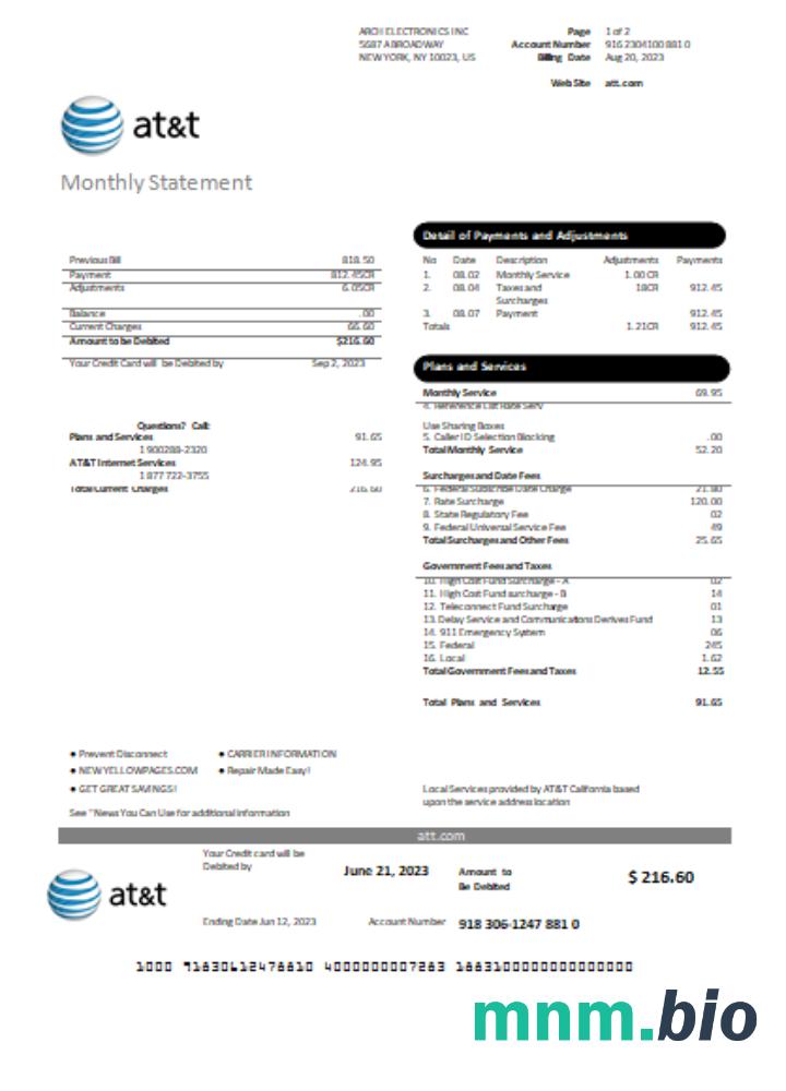 Texas AT & T Telekomunikacja rachunek za usługi komunalne, strona 1